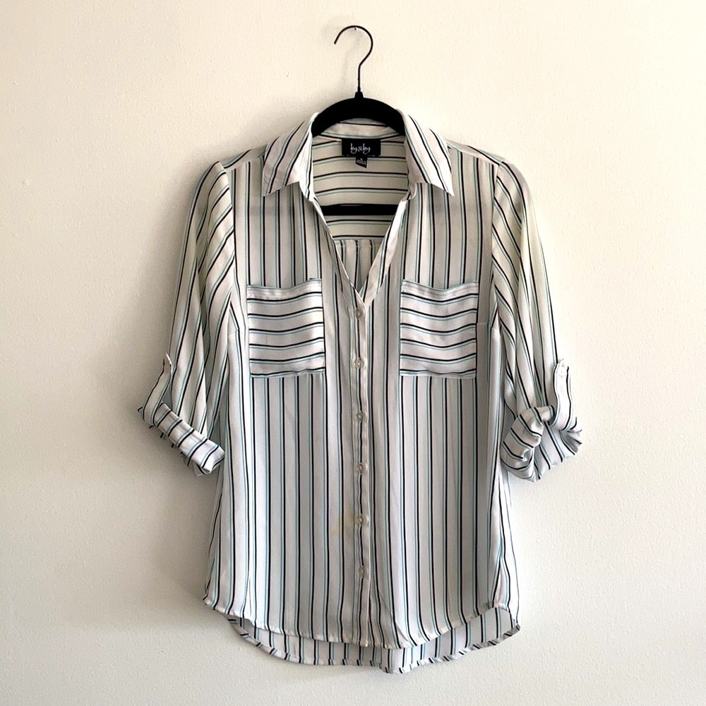 Striped Button Up | small | white w/ turquoise and black thin stripes